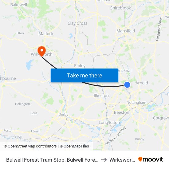 Bulwell Forest Tram Stop, Bulwell Forest to Wirksworth map