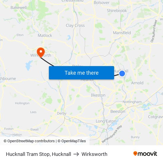 Hucknall Tram Stop, Hucknall to Wirksworth map