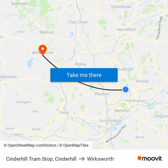 Cinderhill Tram Stop, Cinderhill to Wirksworth map