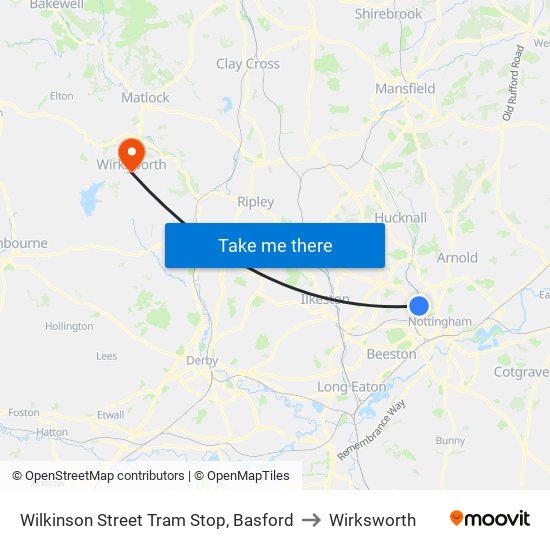 Wilkinson Street Tram Stop, Basford to Wirksworth map