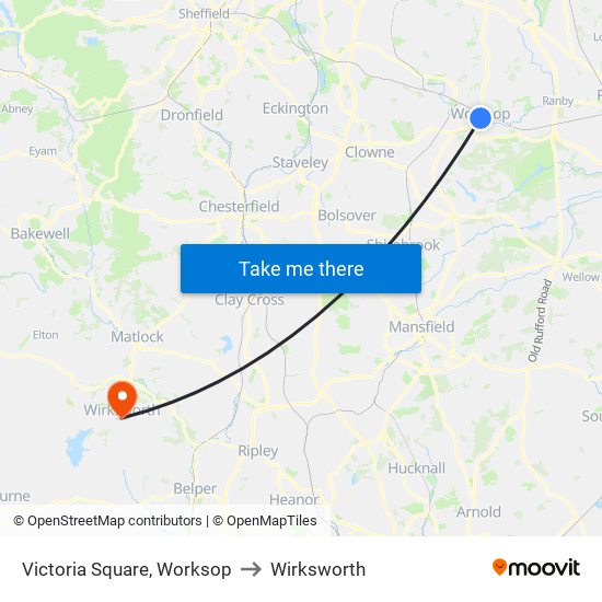 Victoria Square, Worksop to Wirksworth map