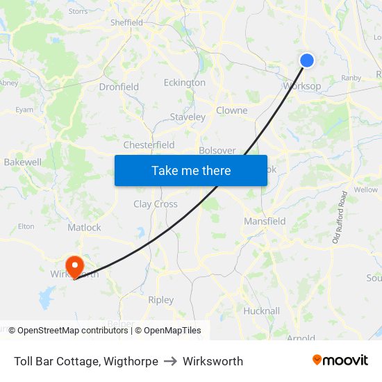 Toll Bar Cottage, Wigthorpe to Wirksworth map