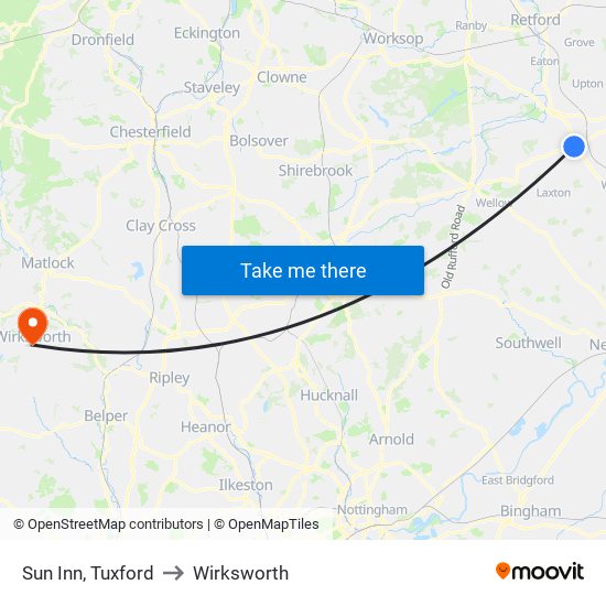 Sun Inn, Tuxford to Wirksworth map