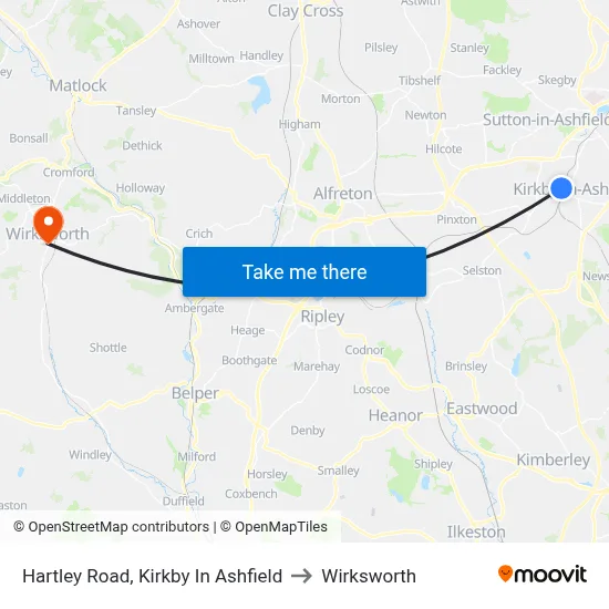 Hartley Road, Kirkby In Ashfield to Wirksworth map