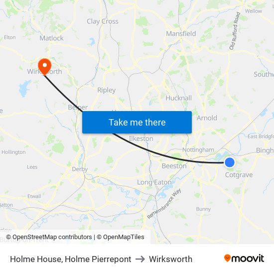 Holme House, Holme Pierrepont to Wirksworth map