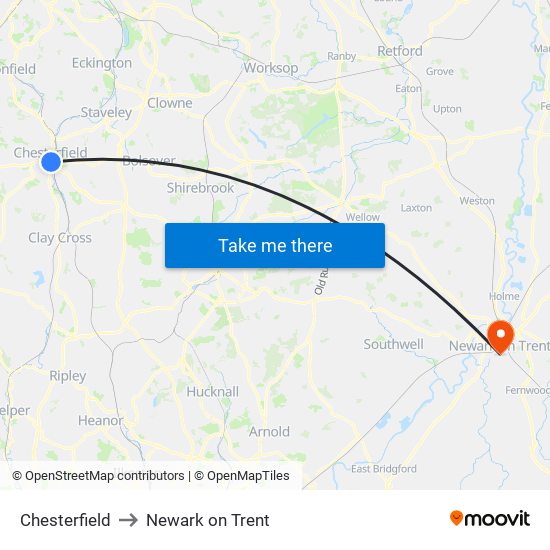 Chesterfield to Newark on Trent map