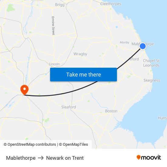 Mablethorpe to Newark on Trent map