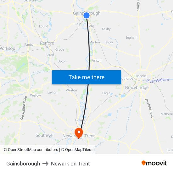 Gainsborough to Newark on Trent map