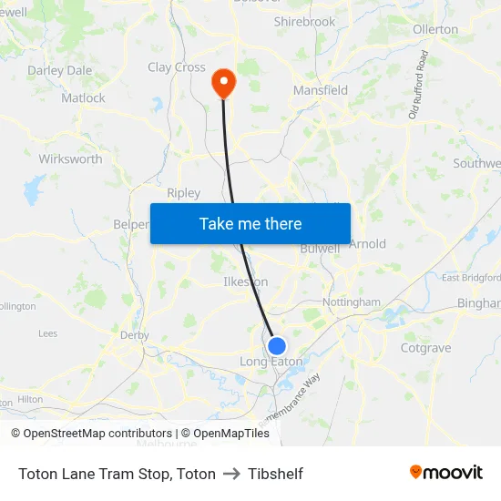 Toton Lane Tram Stop, Toton to Tibshelf map