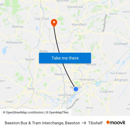 Beeston Bus & Tram Interchange, Beeston to Tibshelf map