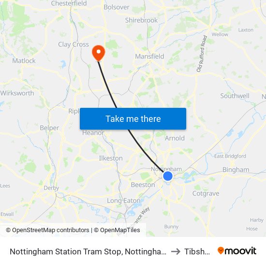 Nottingham Station Tram Stop, Nottingham to Tibshelf map
