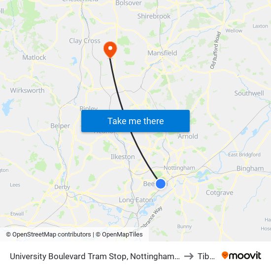 University Boulevard Tram Stop, Nottingham University Main Campus to Tibshelf map