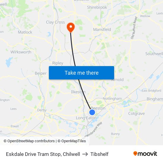 Eskdale Drive Tram Stop, Chilwell to Tibshelf map