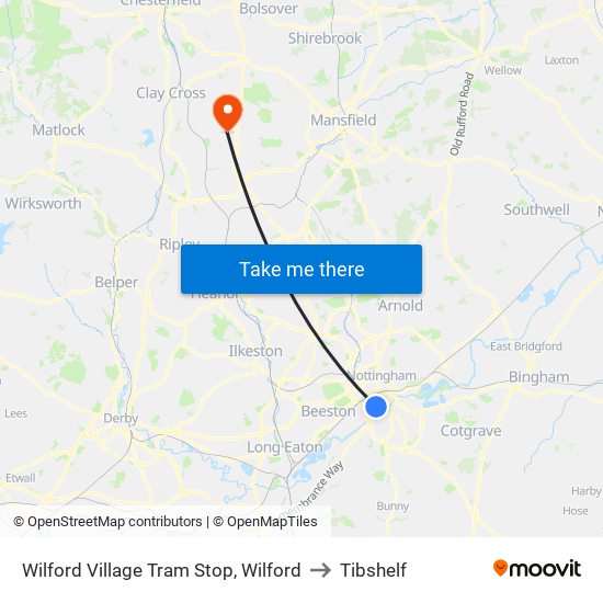 Wilford Village Tram Stop, Wilford to Tibshelf map