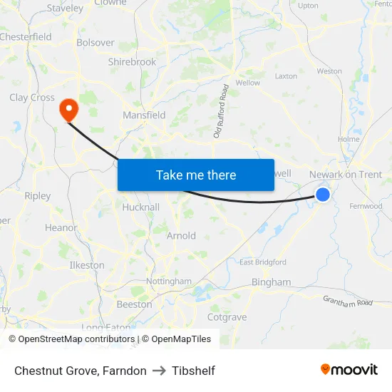 Chestnut Grove, Farndon to Tibshelf map