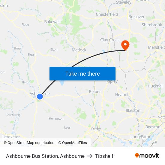 Ashbourne Bus Station, Ashbourne to Tibshelf map