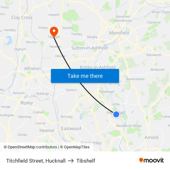 Titchfield Street, Hucknall to Tibshelf map