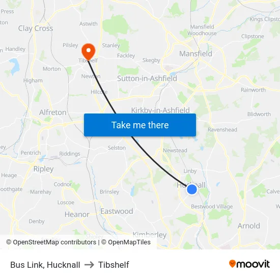 Bus Link, Hucknall to Tibshelf map