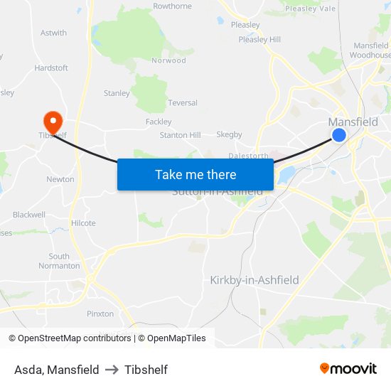 Asda, Mansfield to Tibshelf map