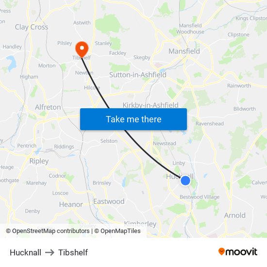 Hucknall to Tibshelf map