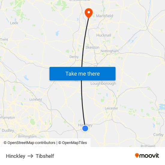 Hinckley to Tibshelf map