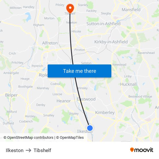 Ilkeston to Tibshelf map