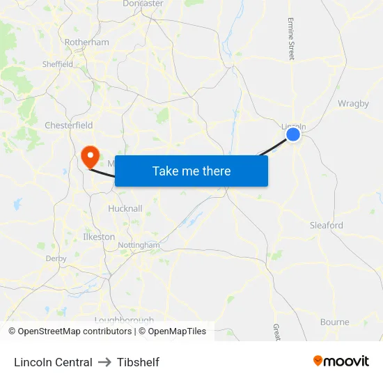 Lincoln Central to Tibshelf map