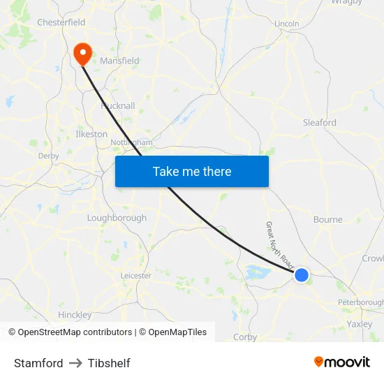 Stamford to Tibshelf map