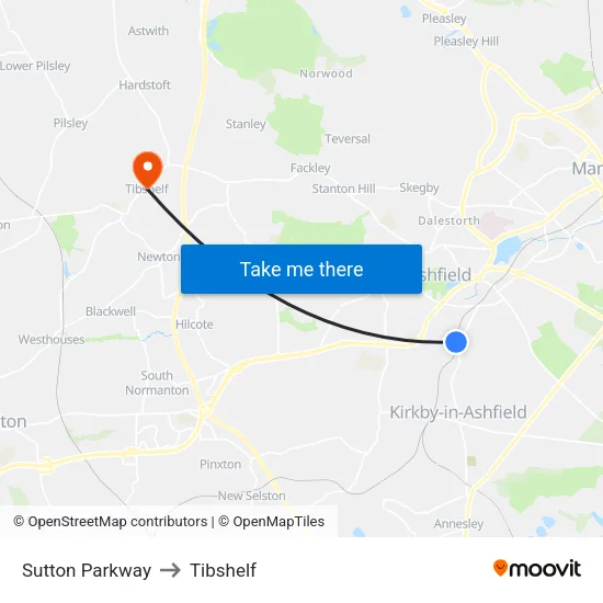 Sutton Parkway to Tibshelf map