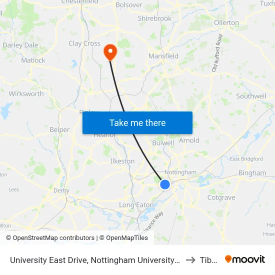 University East Drive, Nottingham University Main Campus (Un41) to Tibshelf map