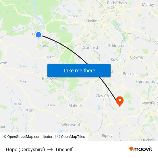 Hope (Derbyshire) to Tibshelf map