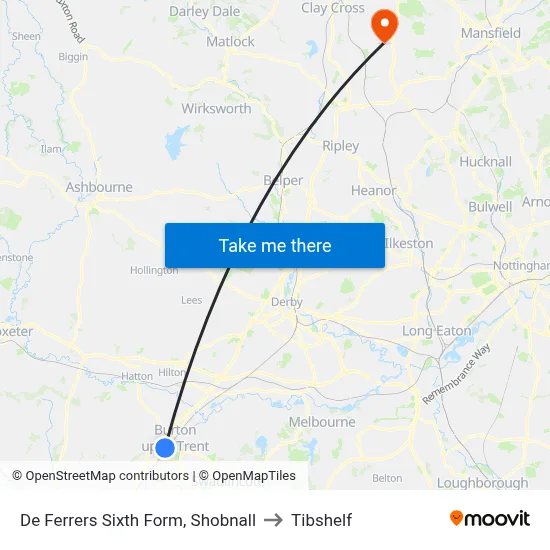 De Ferrers Sixth Form, Shobnall to Tibshelf map