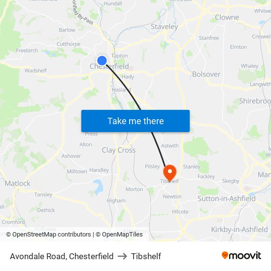Avondale Road, Chesterfield to Tibshelf map