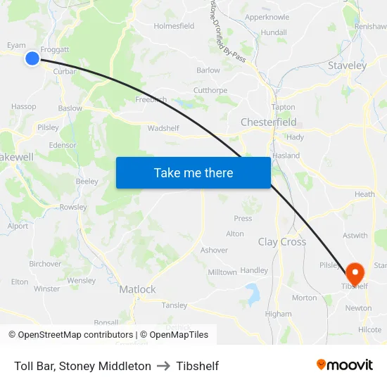 Toll Bar, Stoney Middleton to Tibshelf map