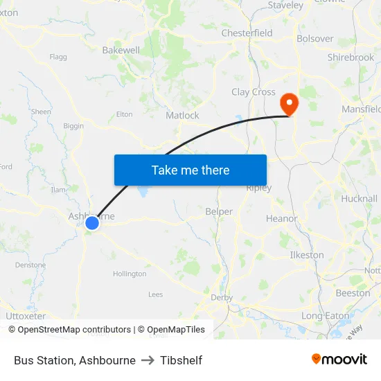 Bus Station, Ashbourne to Tibshelf map