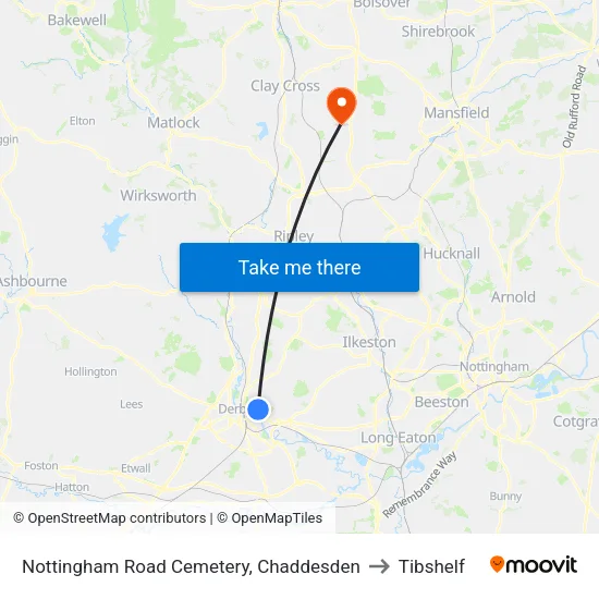Nottingham Road Cemetery, Chaddesden to Tibshelf map