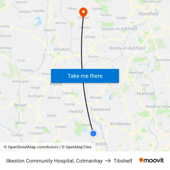 Ilkeston Community Hospital, Cotmanhay to Tibshelf map