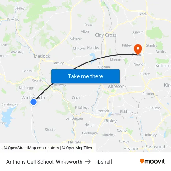 Anthony Gell School, Wirksworth to Tibshelf map