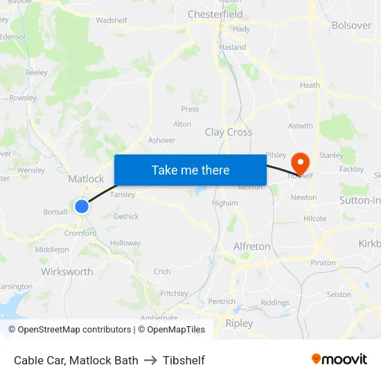 Cable Car, Matlock Bath to Tibshelf map