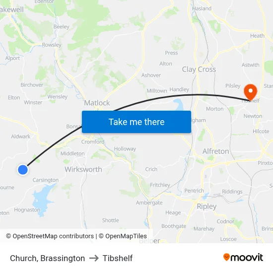 Church, Brassington to Tibshelf map