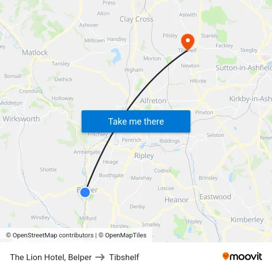 The Lion Hotel, Belper to Tibshelf map