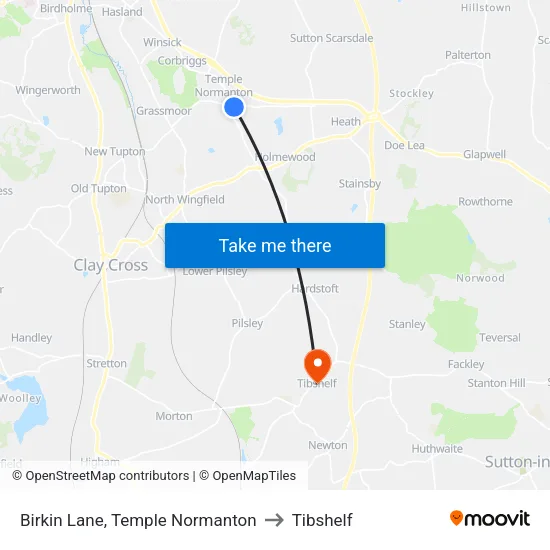 Birkin Lane, Temple Normanton to Tibshelf map