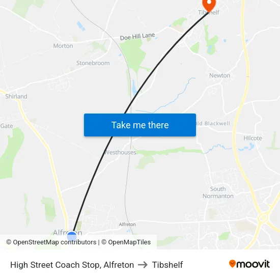 High Street Coach Stop, Alfreton to Tibshelf map
