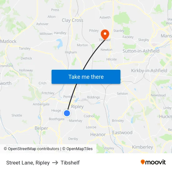 Street Lane, Ripley to Tibshelf map
