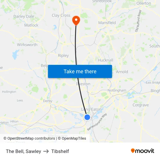 The Bell, Sawley to Tibshelf map