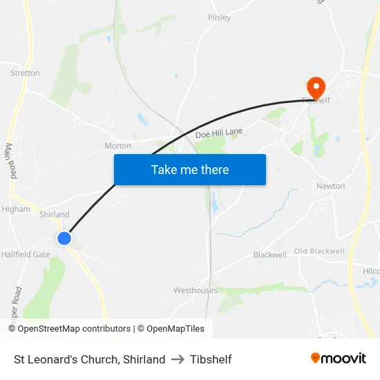 St Leonard's Church, Shirland to Tibshelf map