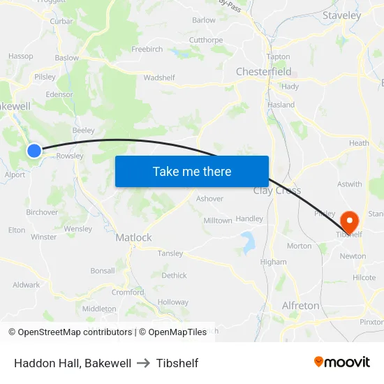 Haddon Hall, Bakewell to Tibshelf map