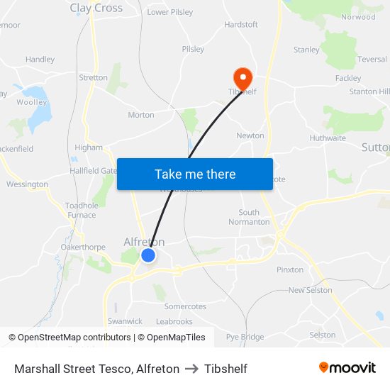 Marshall Street Tesco, Alfreton to Tibshelf map