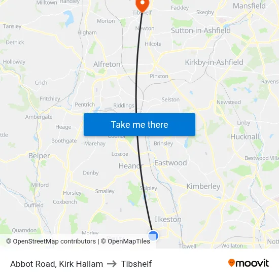 Abbot Road, Kirk Hallam to Tibshelf map