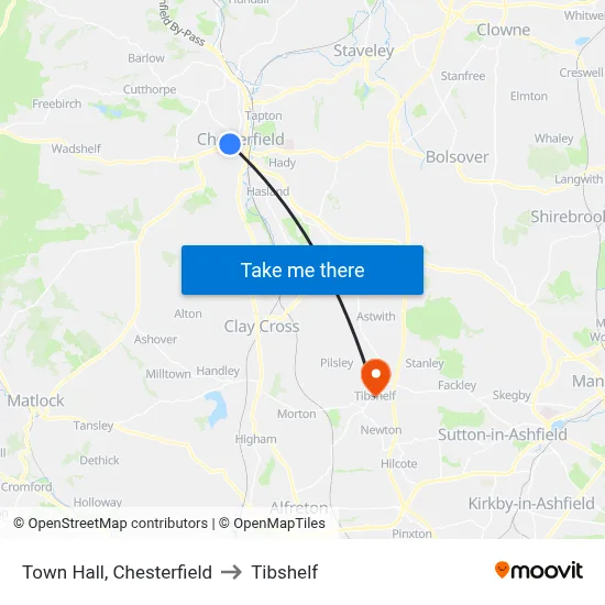 Town Hall, Chesterfield to Tibshelf map
